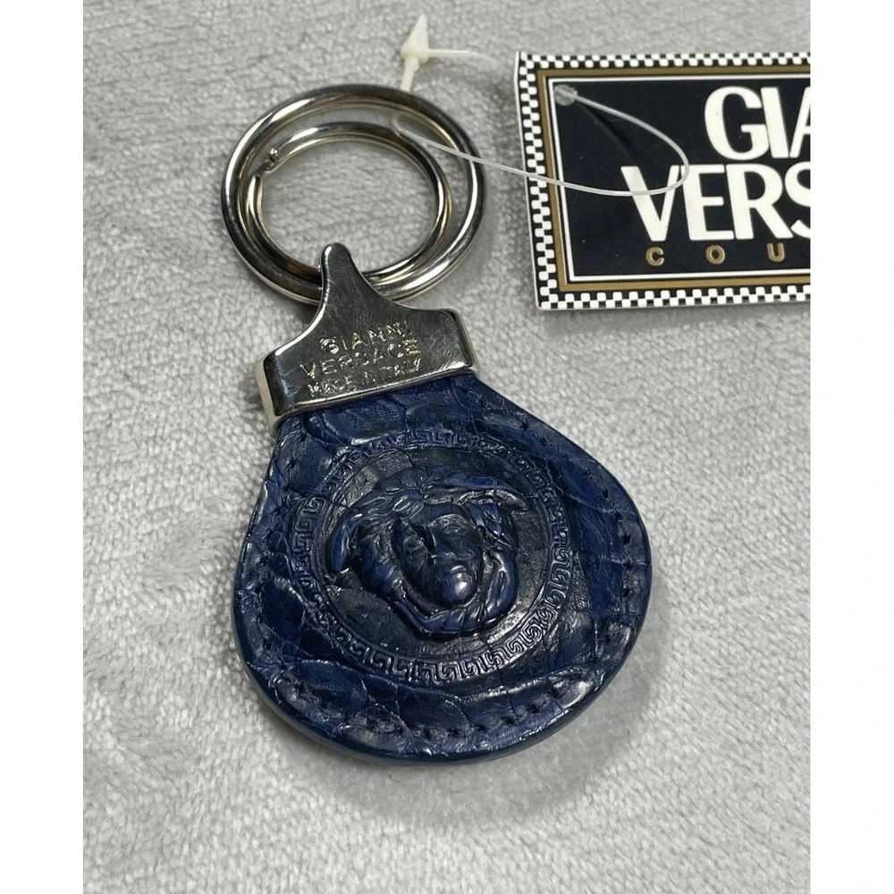 Vintage Gianni Versace Medusa Keychain Unisex Blue Leather Italy